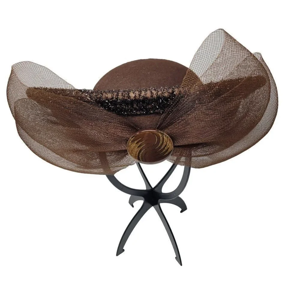 Vintage Unique Rare Wool Church Hat Bumper Halo Brown Netted Bow Chocolate‎